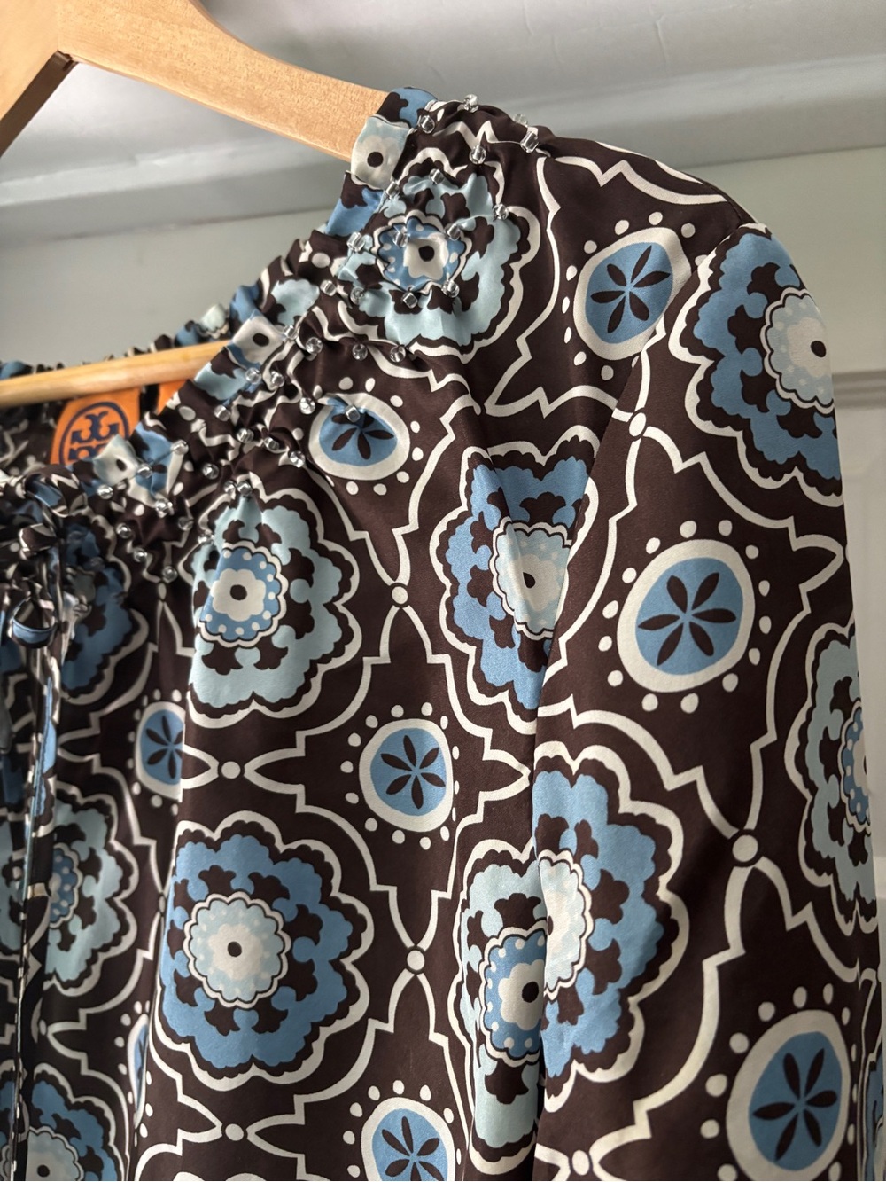 Tory Burch Silk Triple Tie Blouse Moroccan Print Brown Blue Size 2 - Picture 4 of 15
